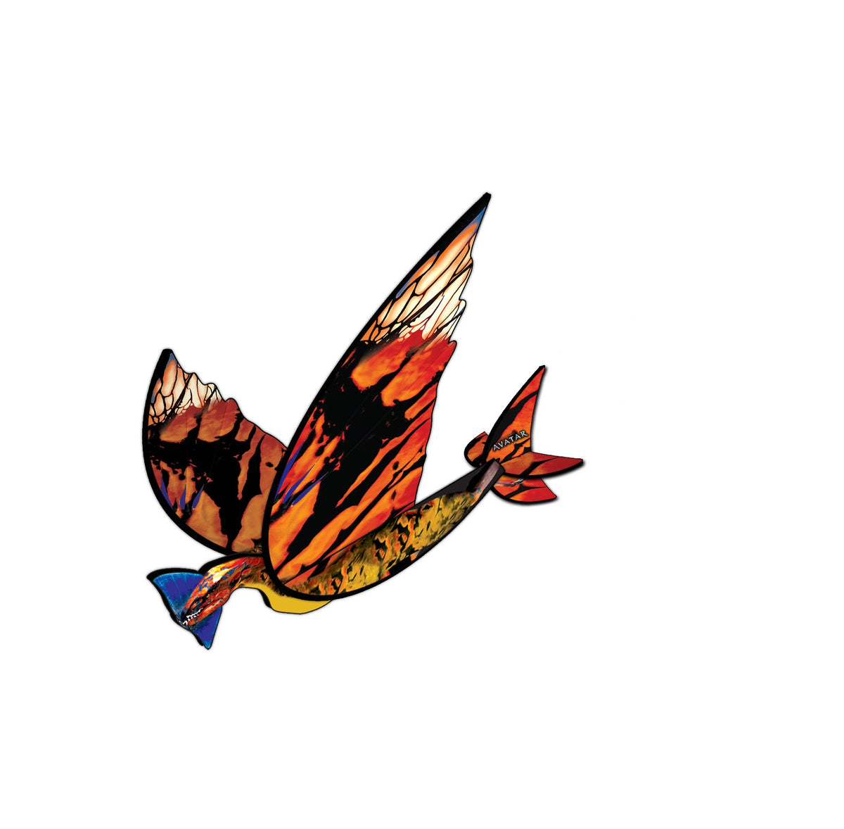 Orange and black flying creature glider with veined wings and a blue head crest