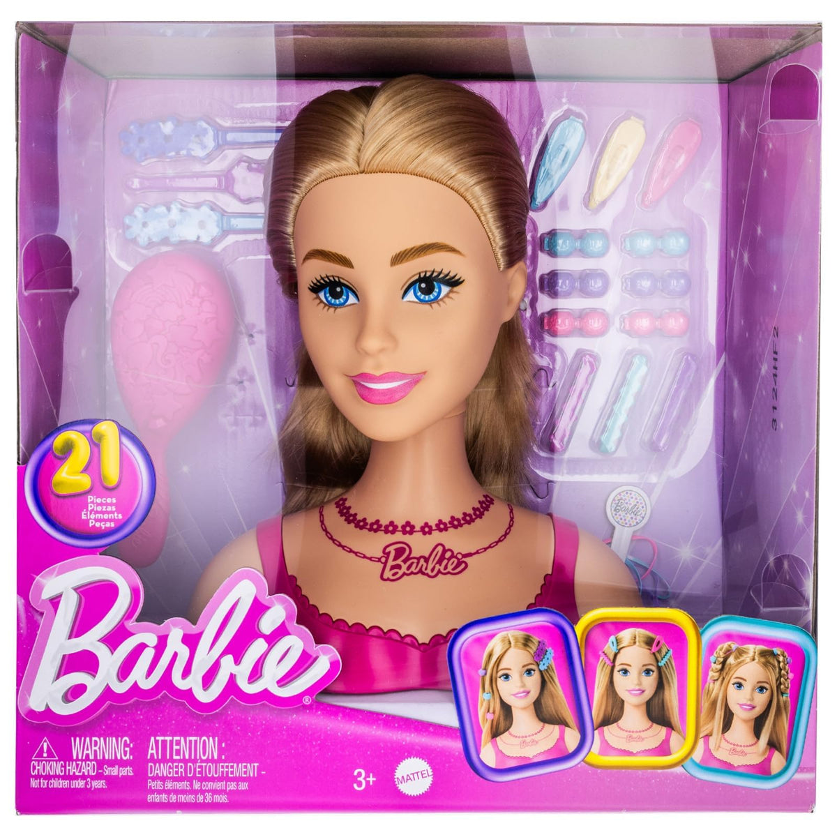 Front of the Barbie styling head box with a pink brush, clips and hair beads