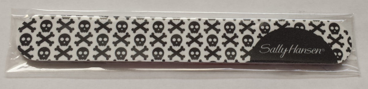 Sally Hansen nail file printed with black skulls and crossbones on white, in clear packaging