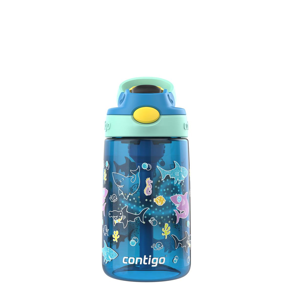 Blue kids water bottle printed with cartoon sharks and sea creatures, mint and blue spout lid