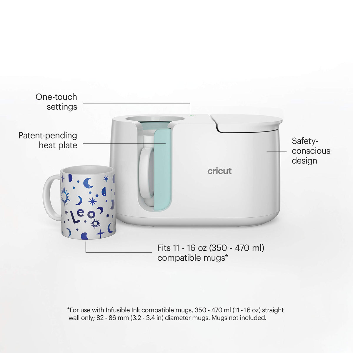 Cricut Mug Press features diagram: one-touch settings, heat plate, fits 11-16 oz mugs