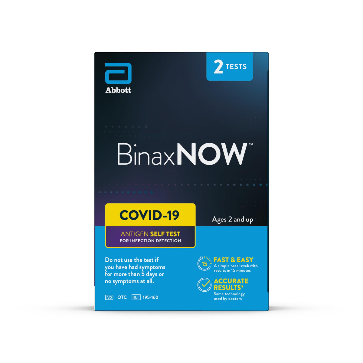 Abbott BinaxNOW COVID-19 antigen self test box, 2 tests, ages 2 and up