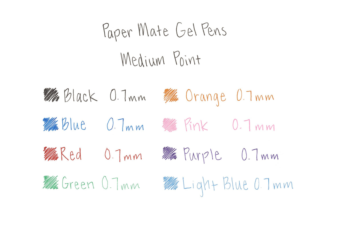 Handwritten ink swatches in black, blue, red, green, orange, pink, purple and light blue