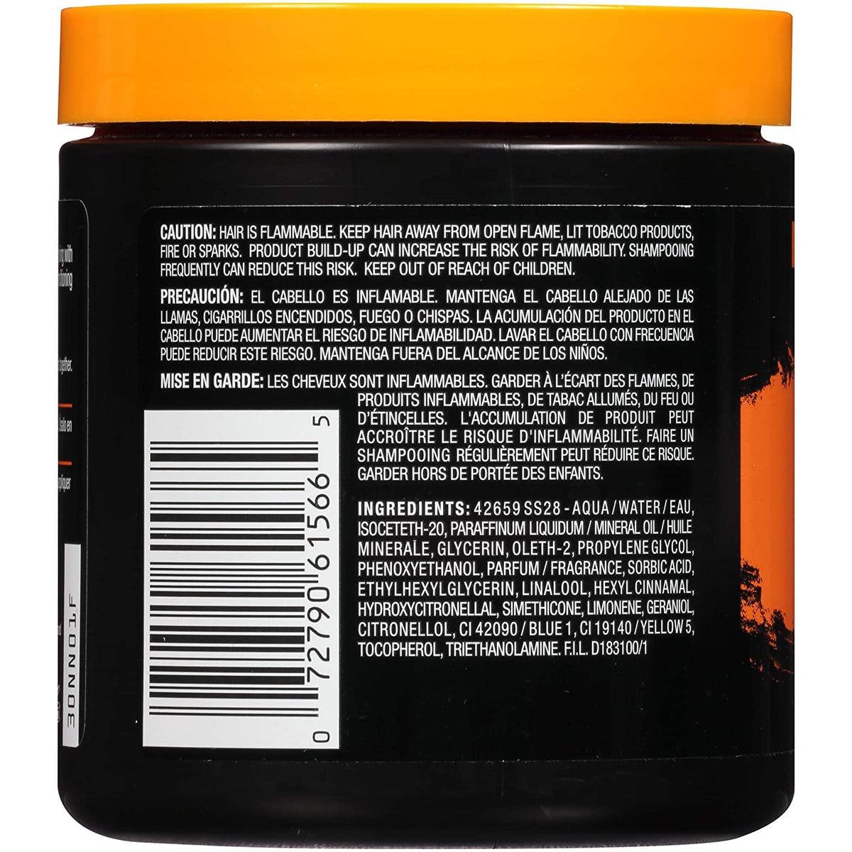 Back of the gel jar with caution text, ingredients and barcode