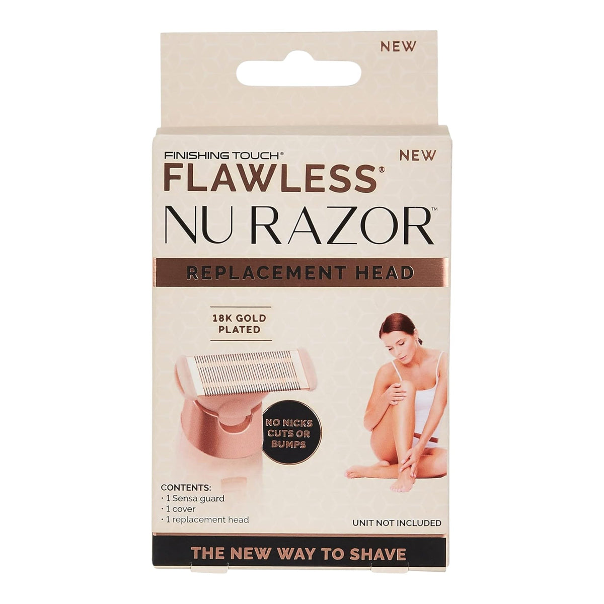 Flawless Nu Razor rose gold replacement head in cream retail box with contents list