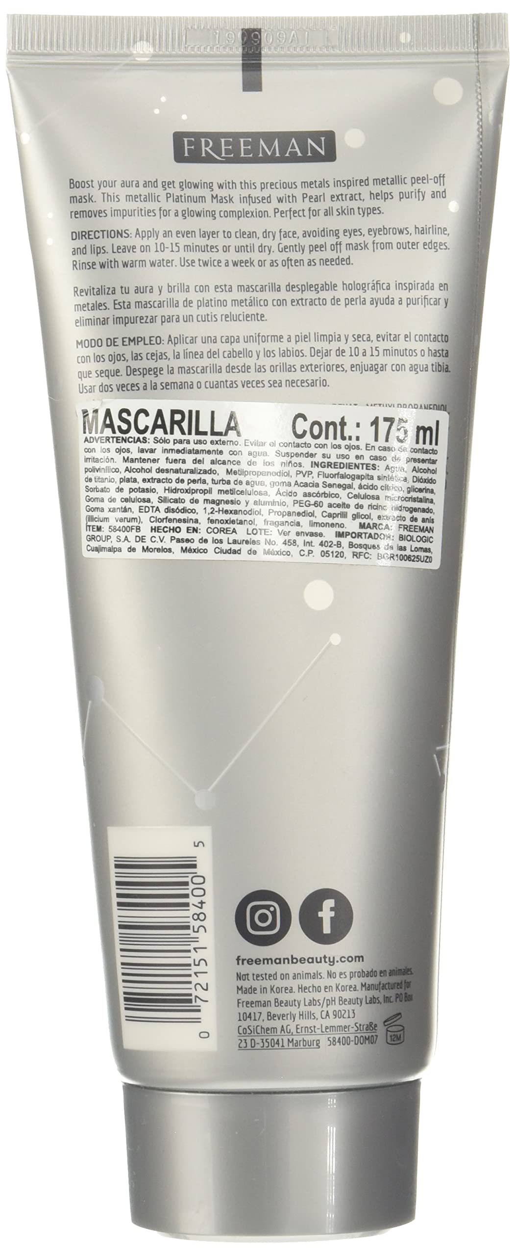 Back of the silver mask tube with directions, a Spanish import sticker and barcode