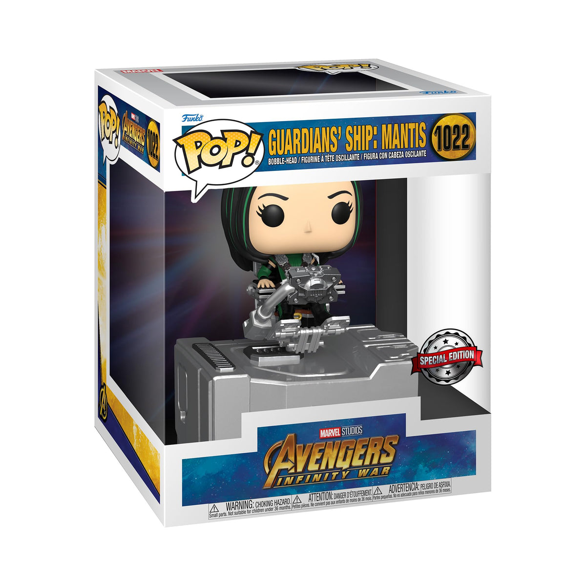 Boxed Guardians' Ship: Mantis Pop! Deluxe #1022 seated at a silver ship console