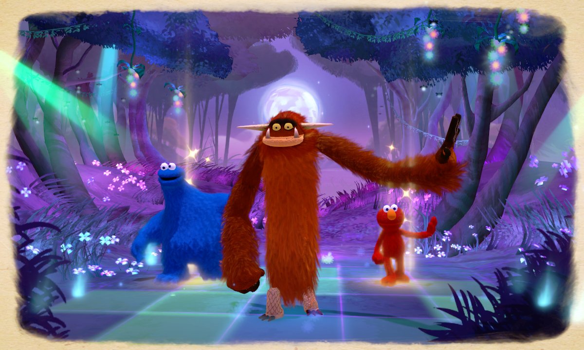 Orange monster leading Cookie Monster and Elmo through a glowing purple forest