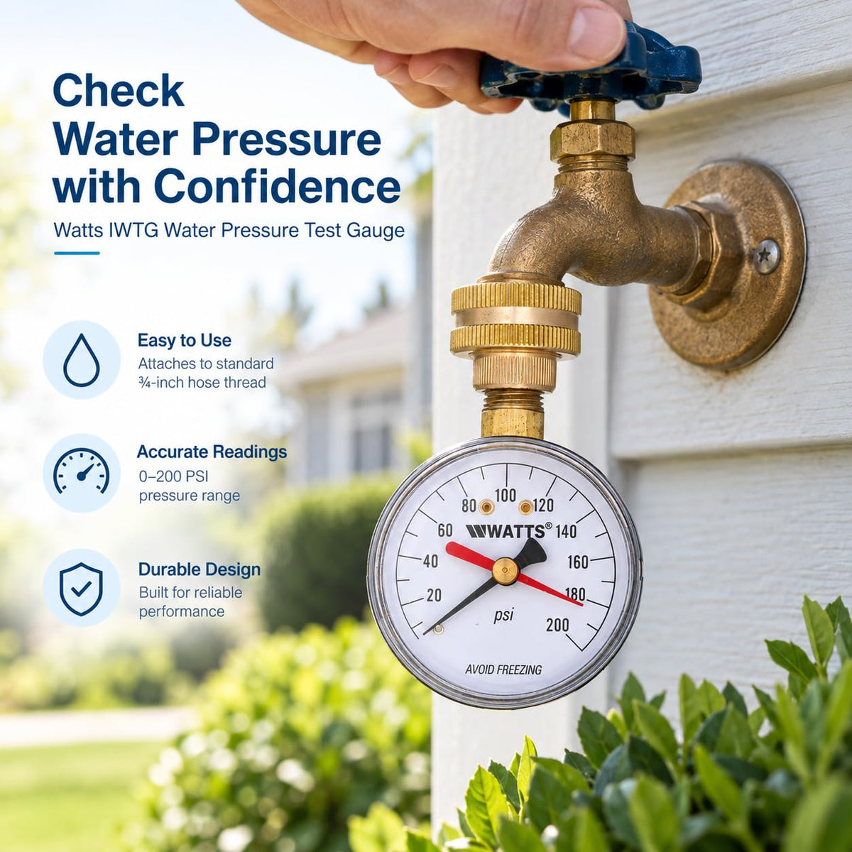 Watts pressure gauge screwed onto an outdoor brass hose spigot