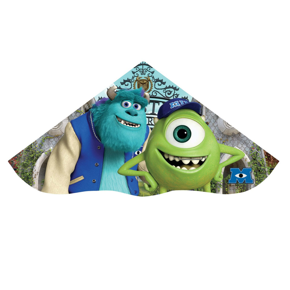 Delta kite showing blue furry Sulley and one-eyed green Mike in a cap