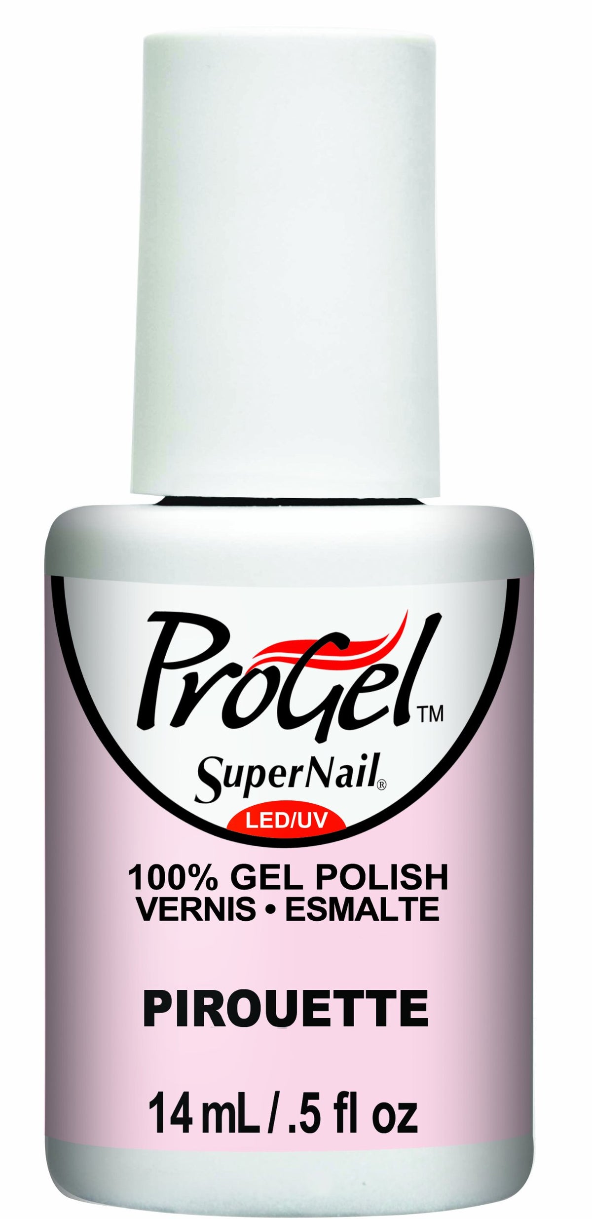 Gel polish bottle with a white cap and a soft ballet pink label