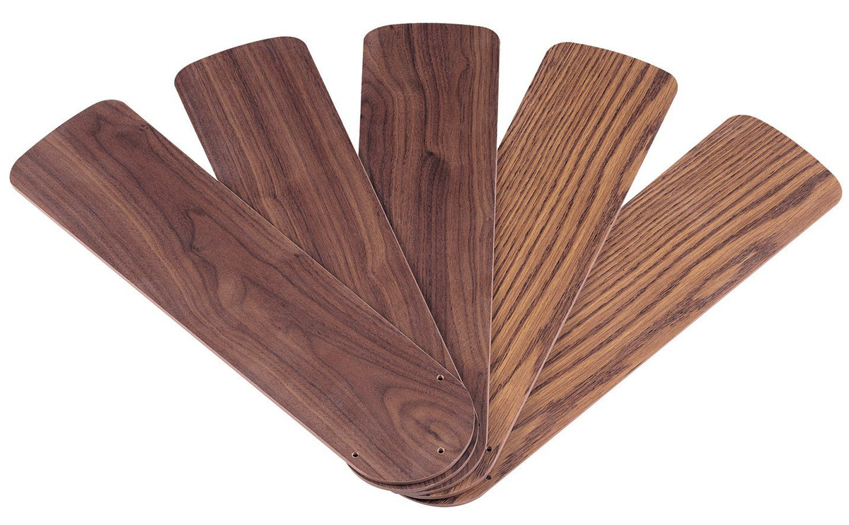 Five ceiling fan blades fanned out, three in dark walnut wood grain and two in lighter oak
