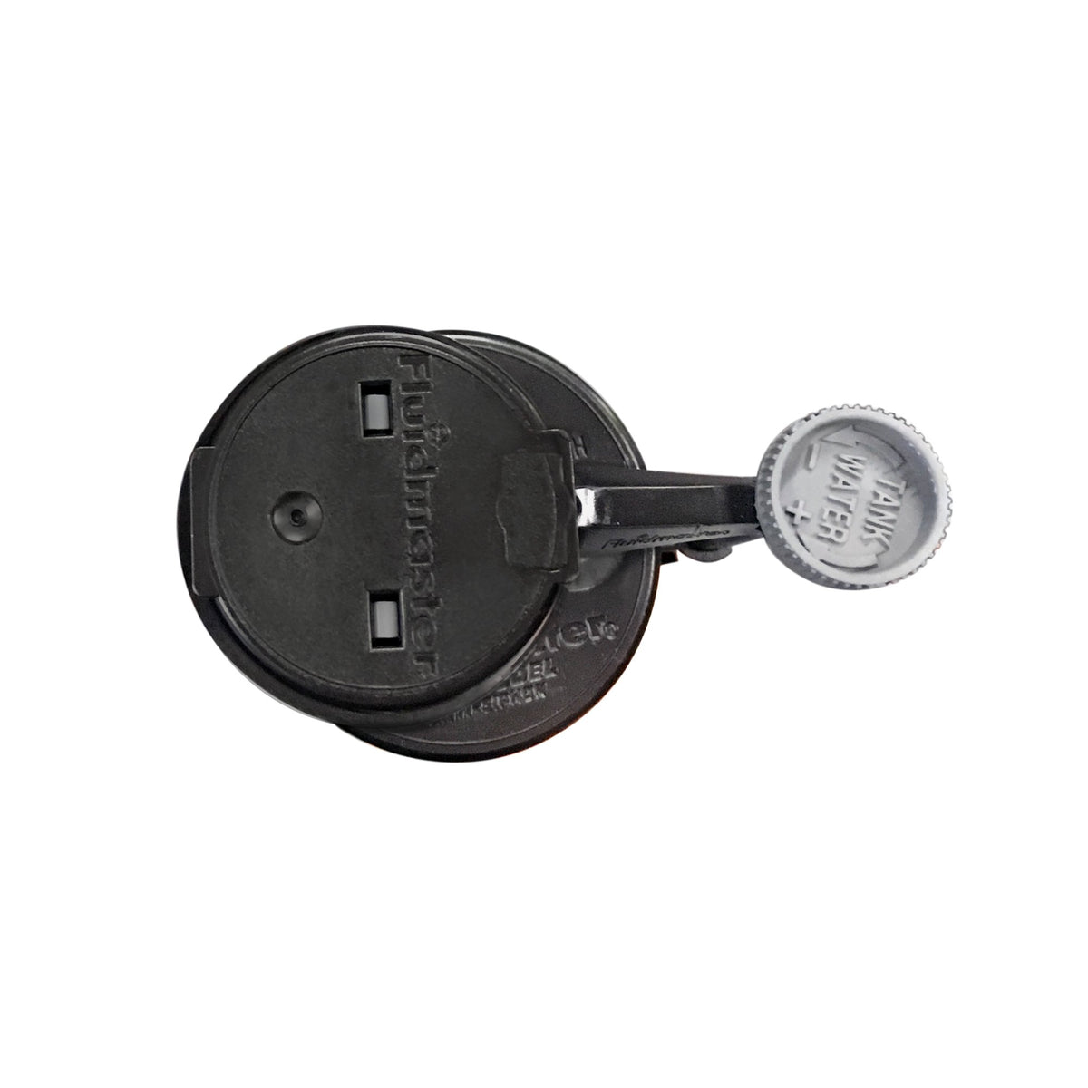 Top view of the black valve cap with a grey tank water level adjustment knob