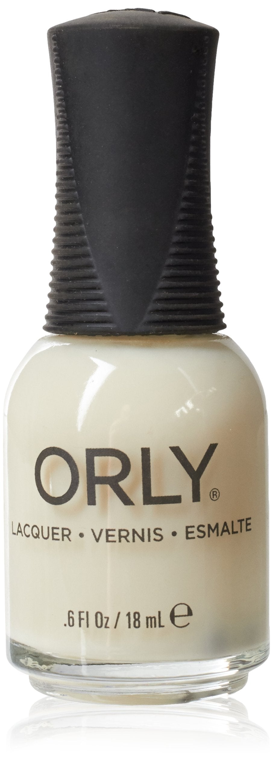 Bottle of creamy ivory nail lacquer with a ribbed black cap, 18 ml