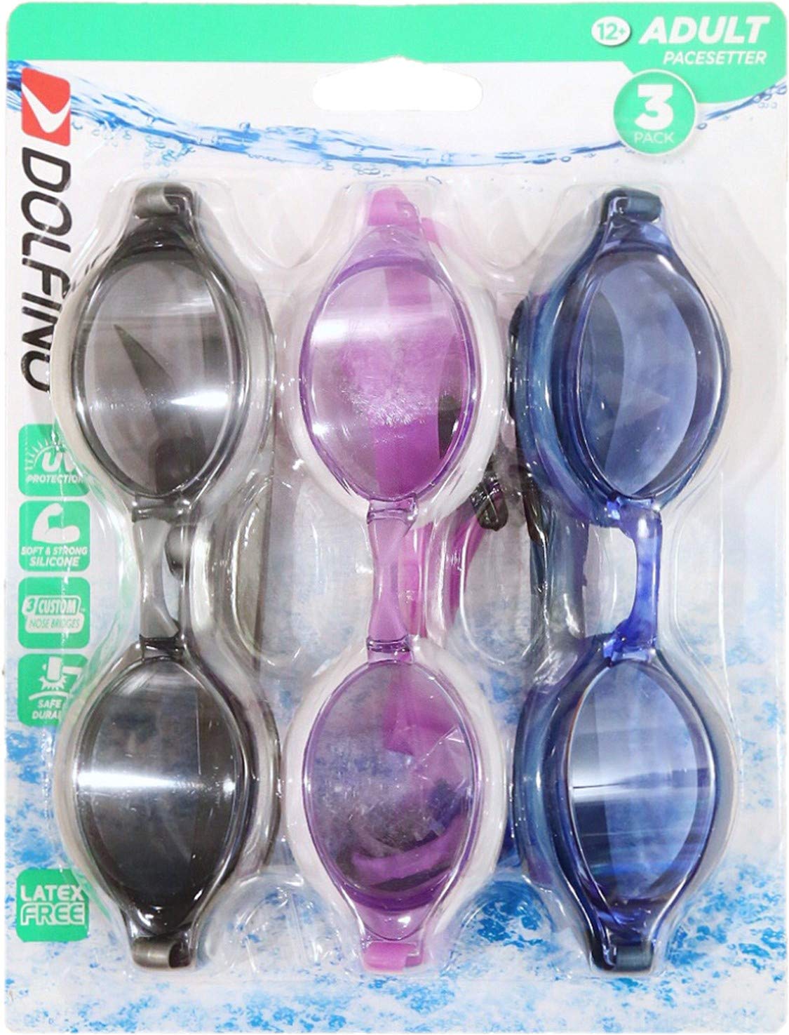 Dolfino adult swim goggles 3 pack in smoke, purple and blue on blister card