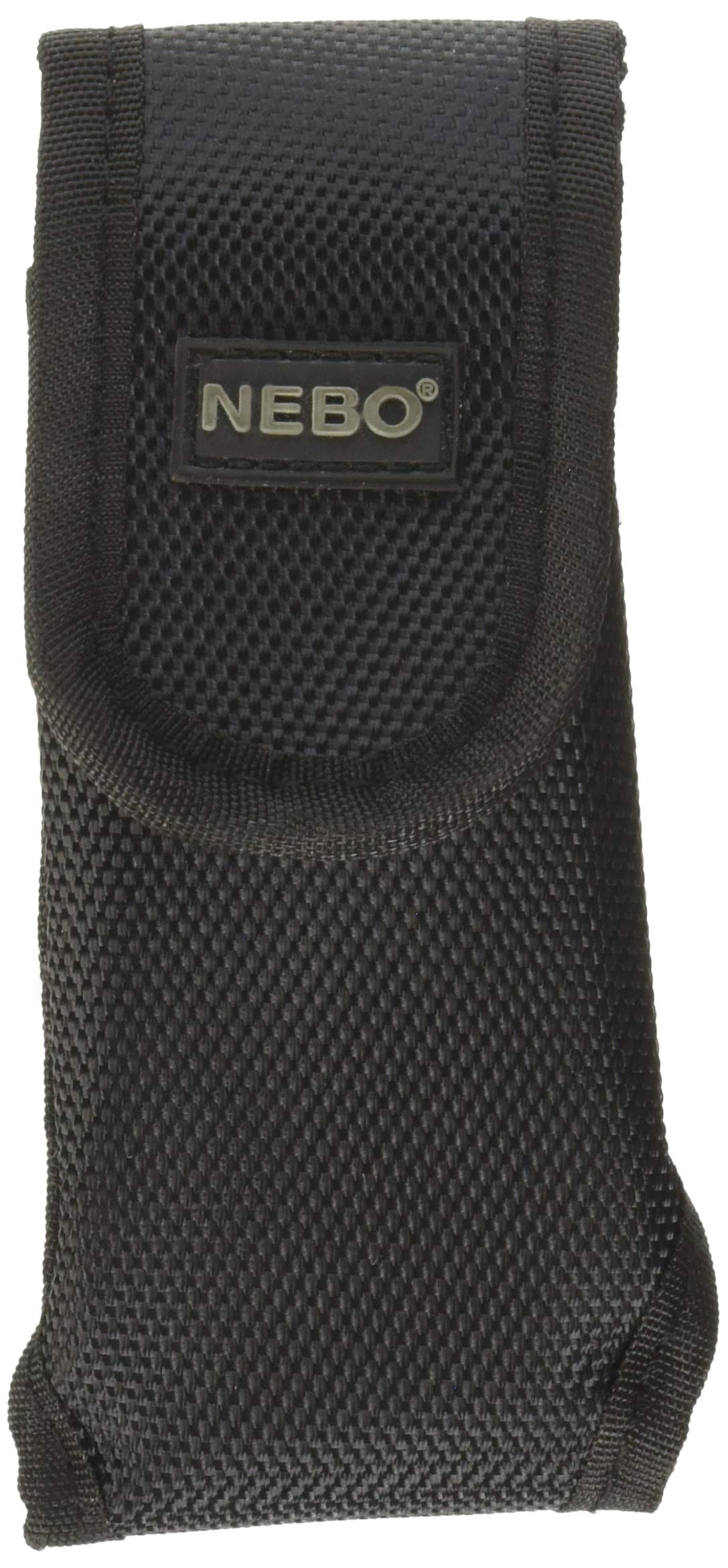 Front of a black woven nylon NEBO flashlight holster with a fold-over flap