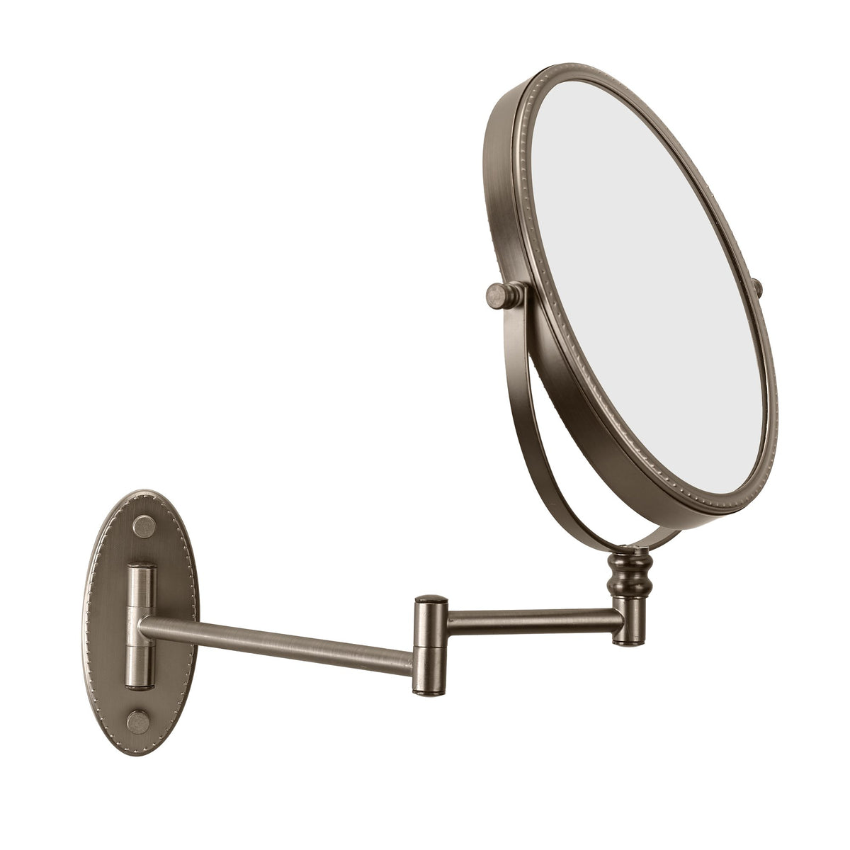 Bronze oval wall mirror with the folding arm fully extended from the wall plate