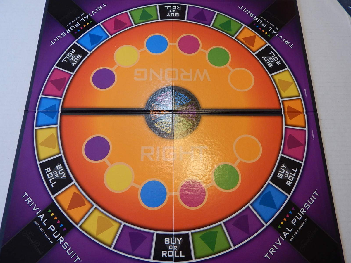 Orange and purple trivia game board with Right and Wrong betting circles