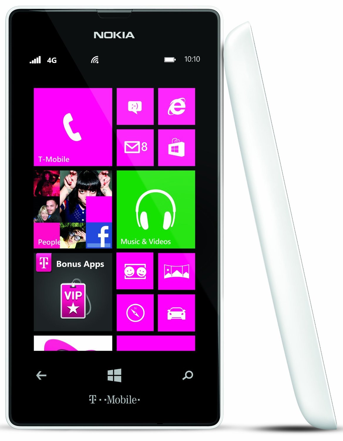 Front of the Lumia 521 beside a side view of its white curved body