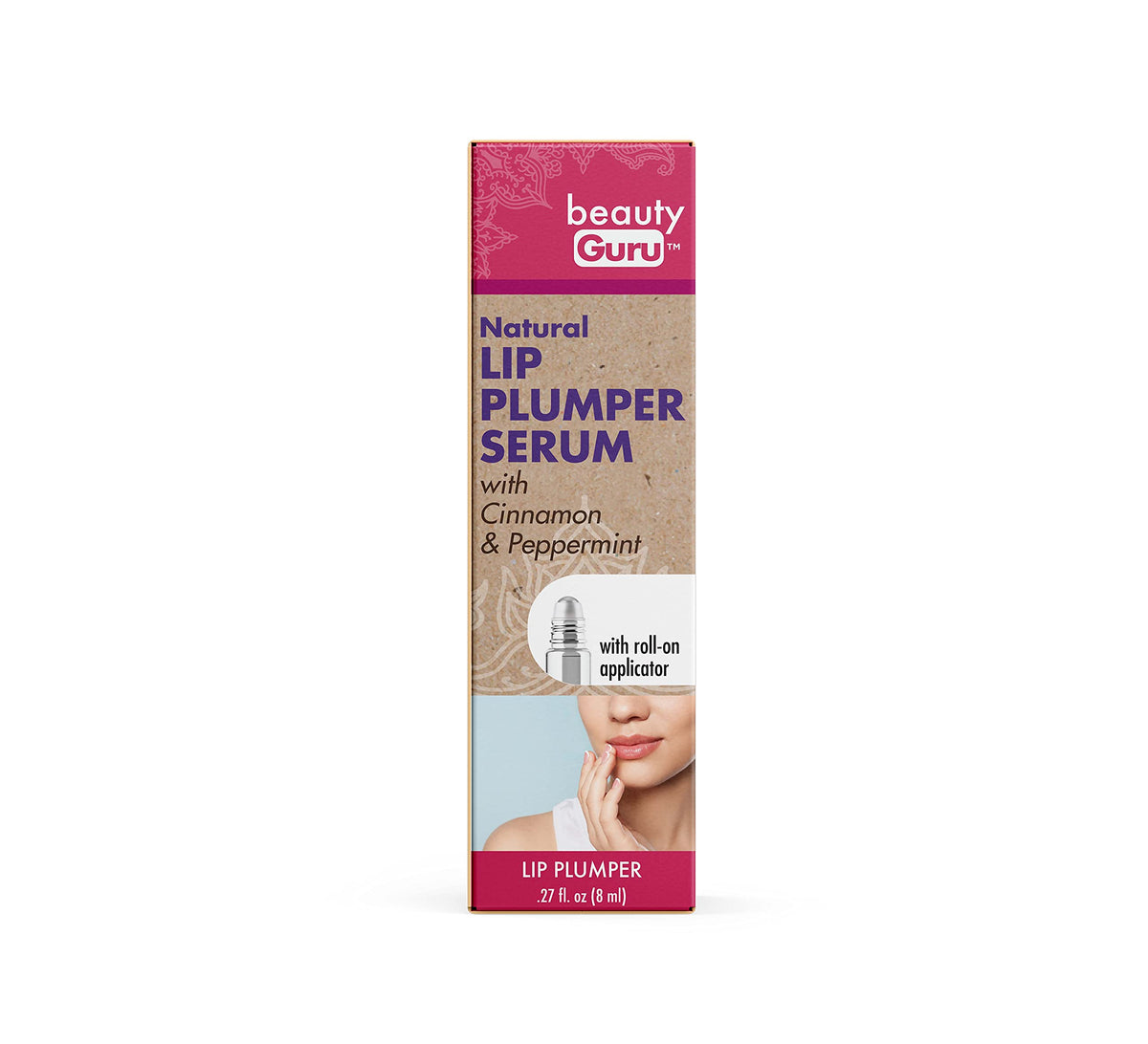 Pink and kraft box of natural lip plumper serum with a roll-on applicator, 0.27 oz