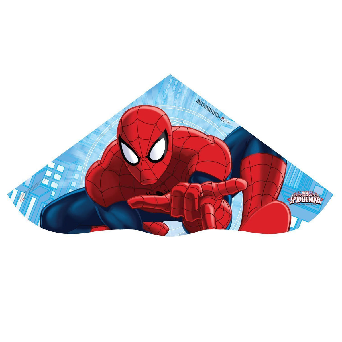 Light blue delta kite with Spider-Man crouching and shooting a web