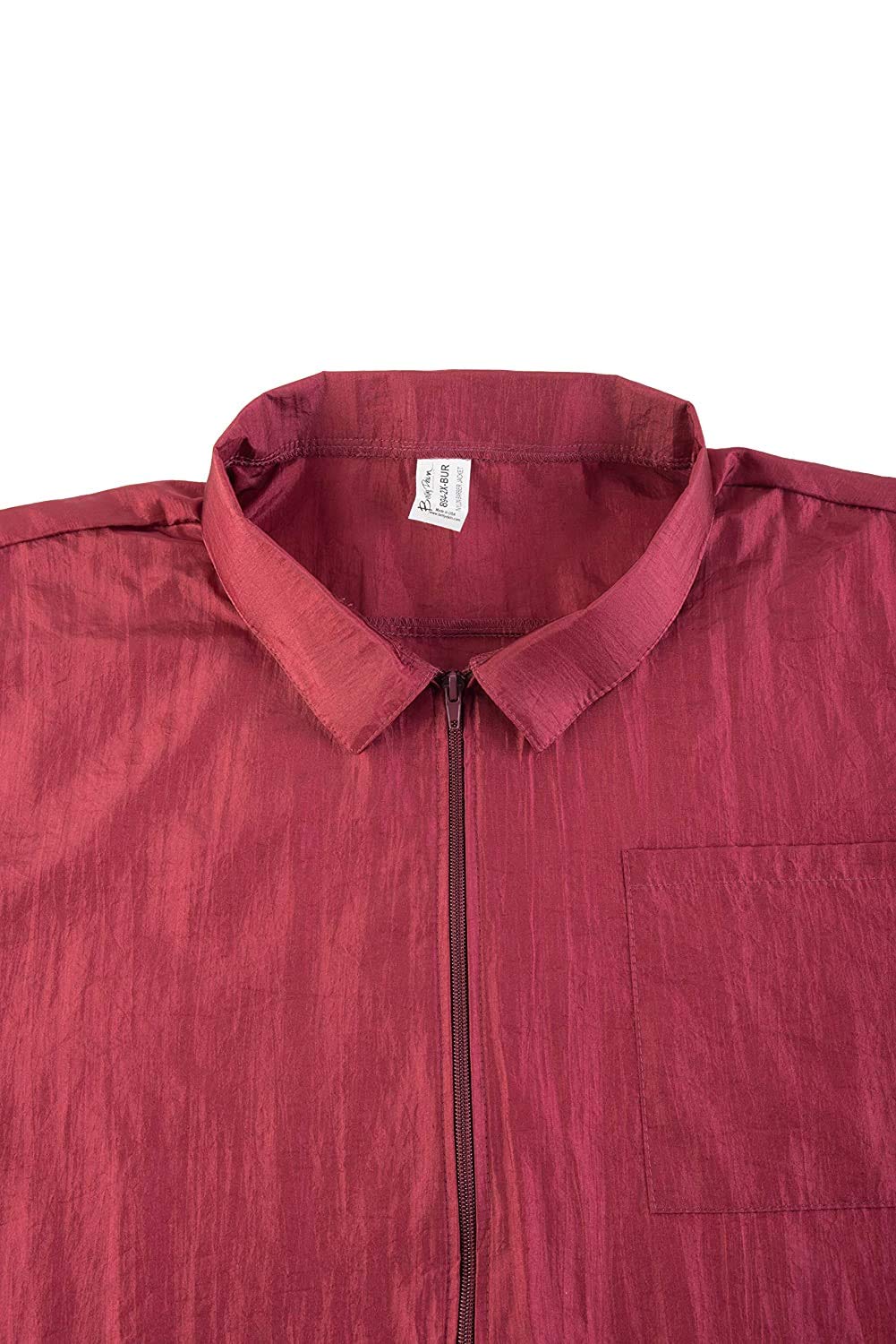 Burgundy nylon barber jacket collar with a full-length zip and chest pocket