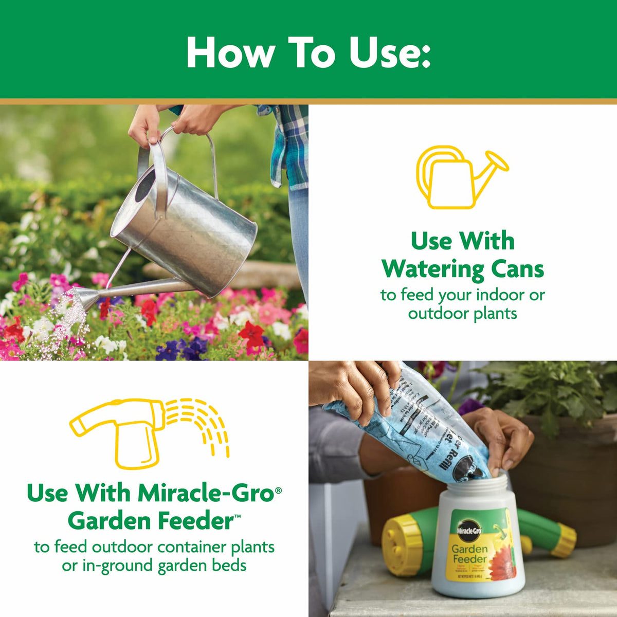 Watering can pouring on petunias and hands filling a hose-end feeder with blue crystals