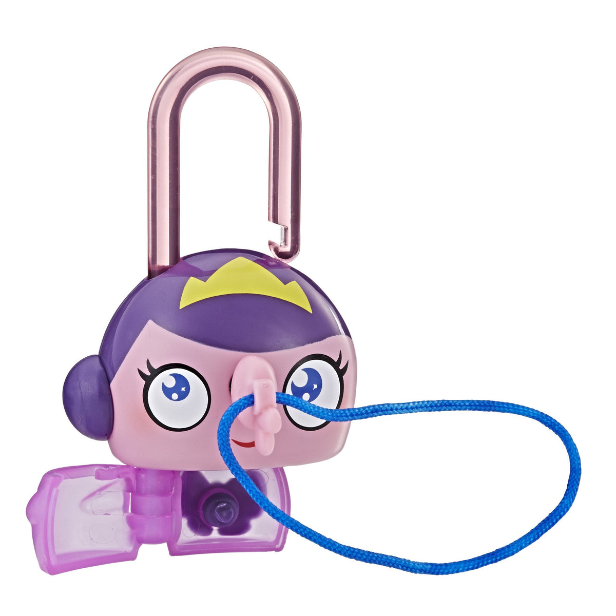 Princess padlock with a pink key in its keyhole and the purple base opened to a hidden compartment