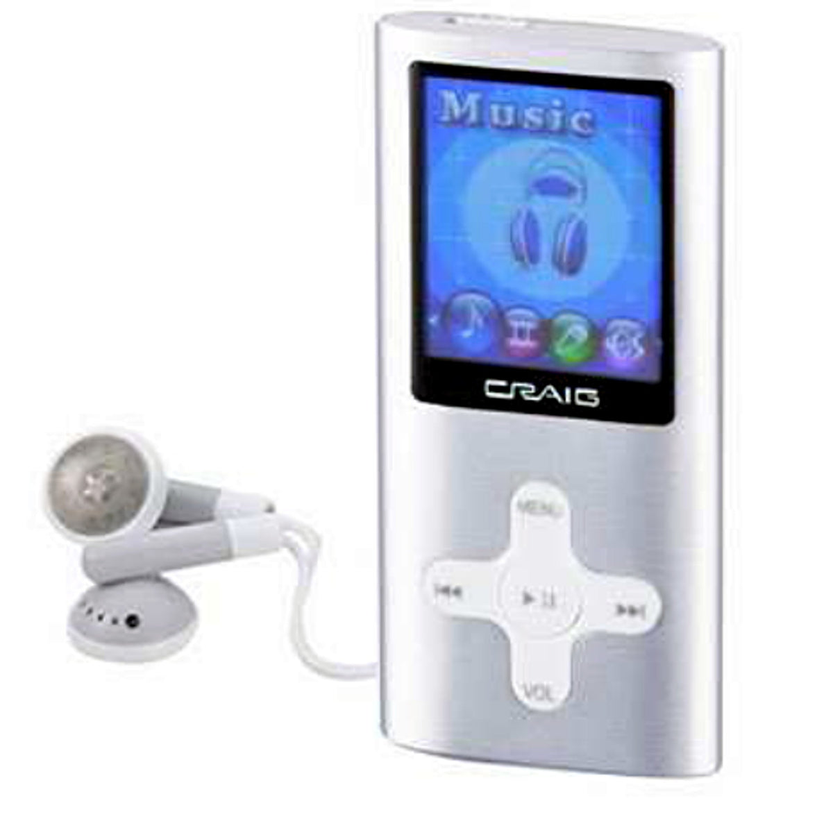 Silver MP3 player with a colour screen and cross-shaped buttons, with white earbuds