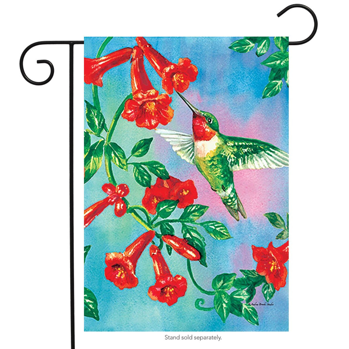 Hummingbird and red trumpet flowers flag hanging on a black stand