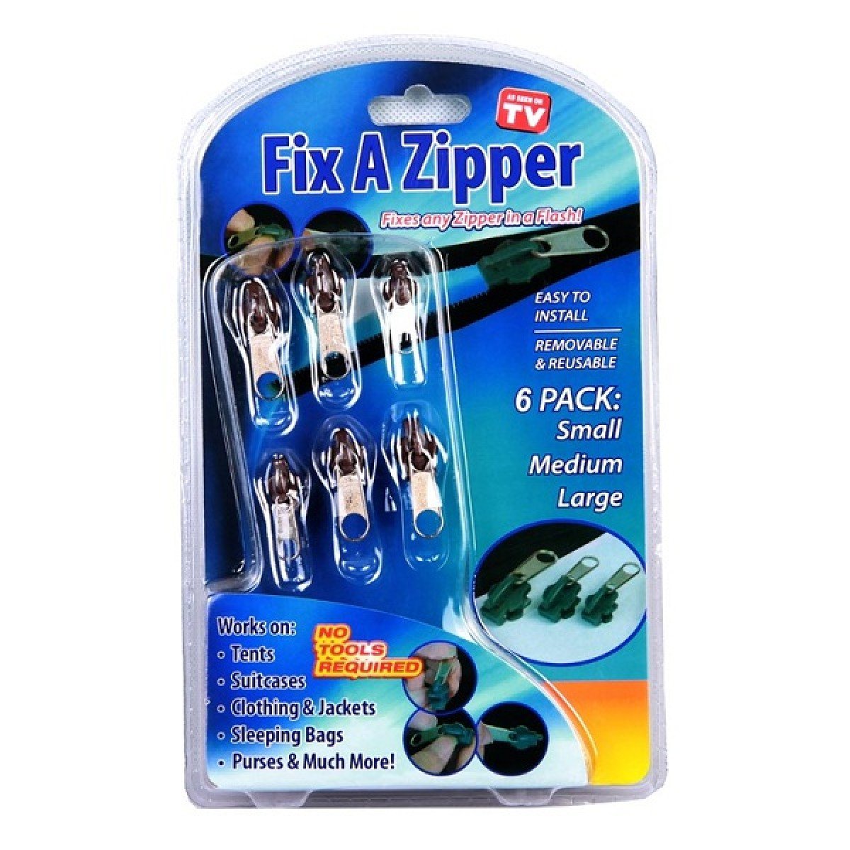 Blister pack of six replacement zipper sliders in small, medium and large sizes