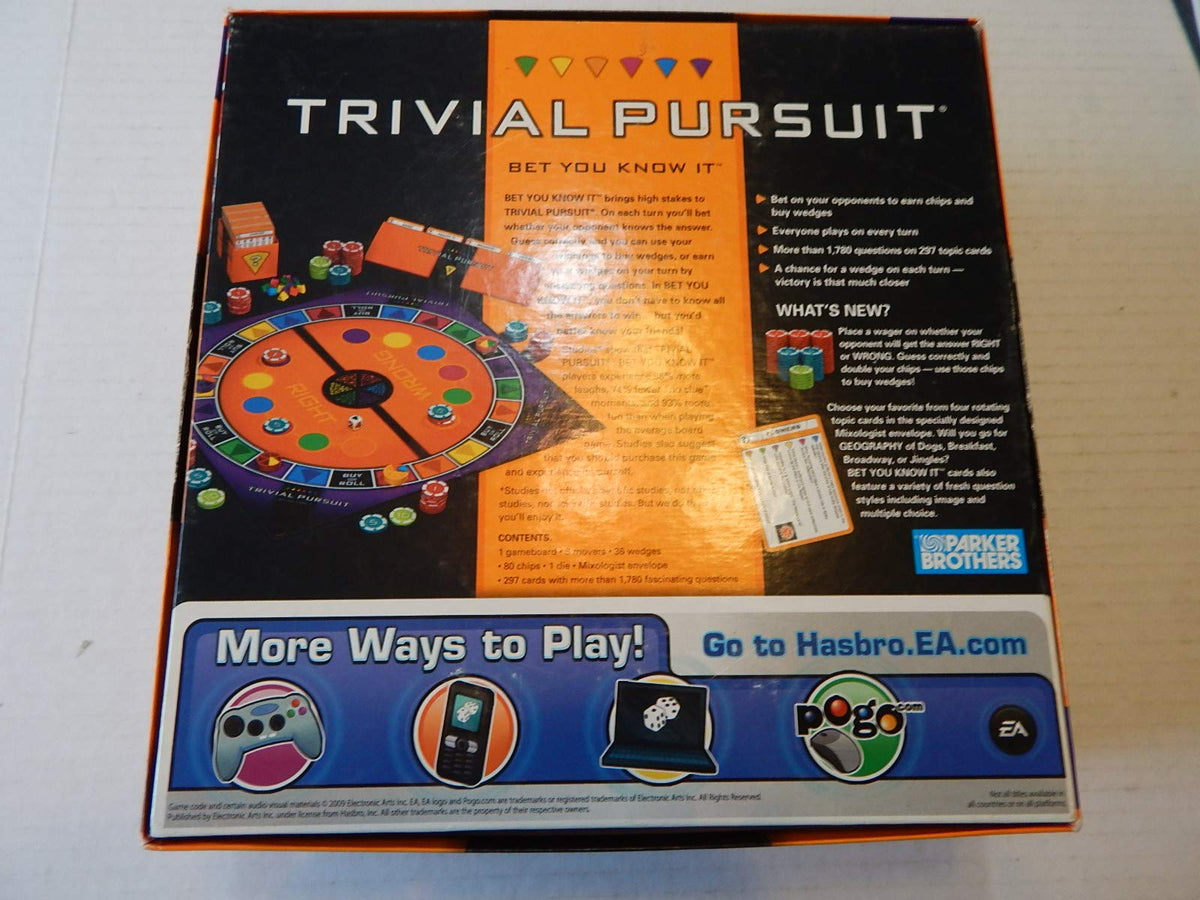 Back of the trivia game box describing betting on answers and listing contents