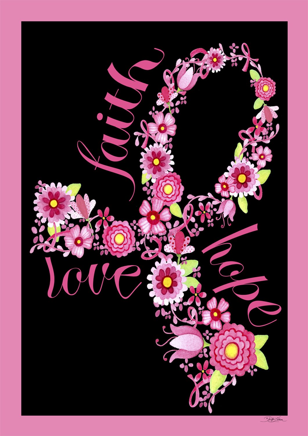 Flat view of the pink floral ribbon flag with faith, hope and love on black