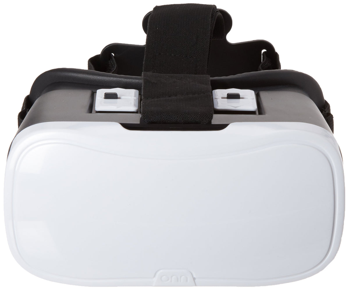 Front view of the white onn VR headset with top strap and lens sliders