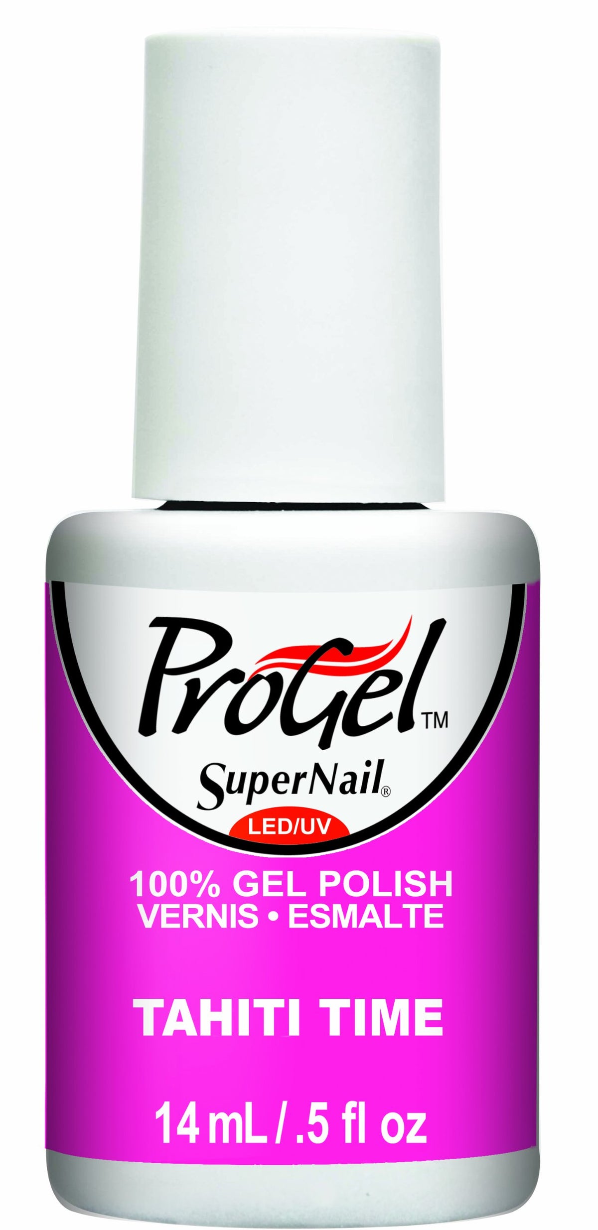 Gel polish bottle with a white cap and a hot pink magenta label