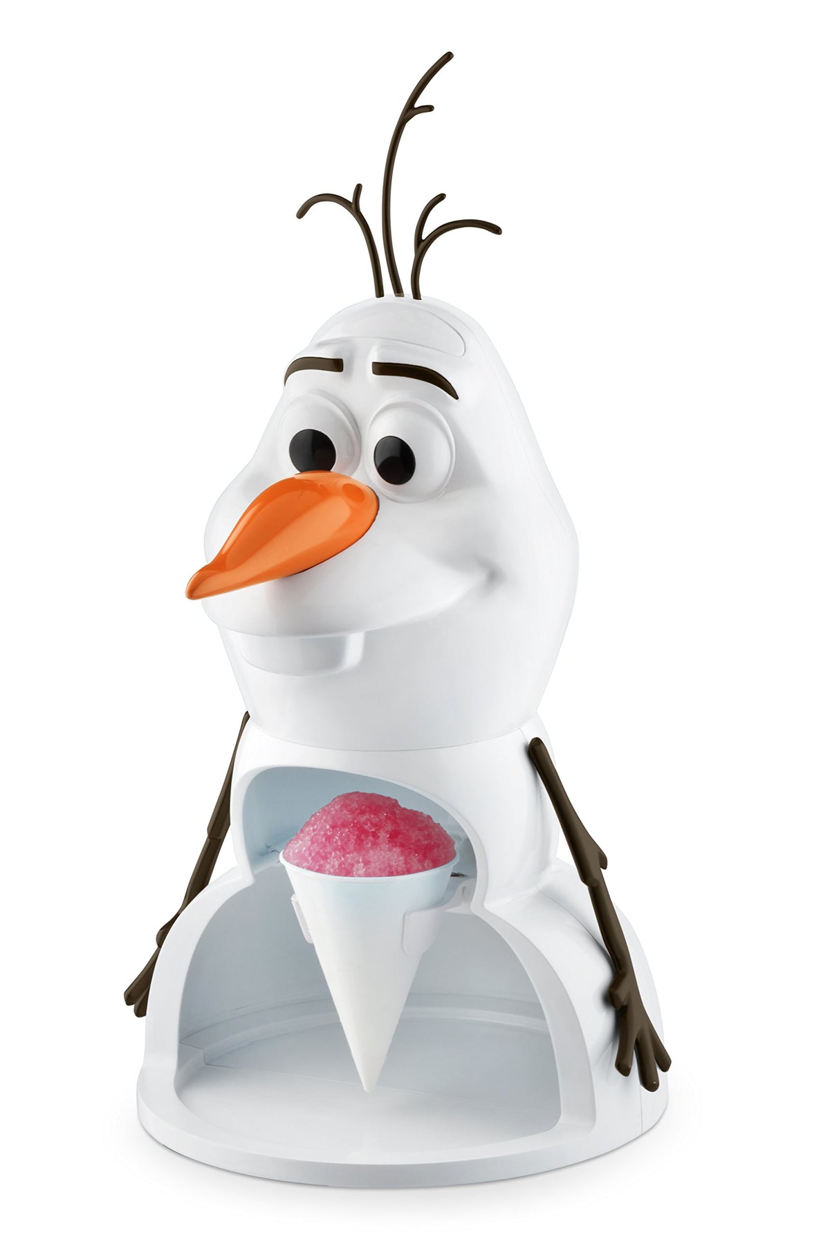 White Olaf snowman snow cone maker with a pink shaved ice cone in its belly