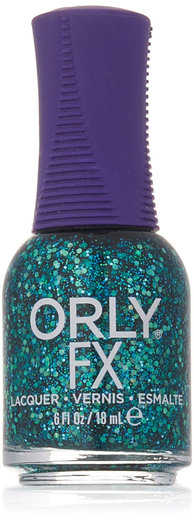 Orly FX Go Deeper polish packed with blue and green hexagon glitter, purple cap