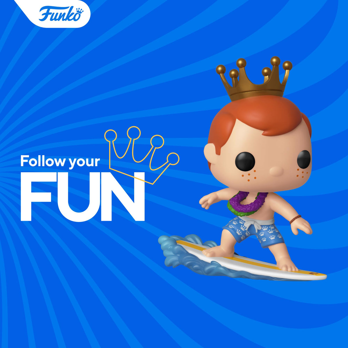 Funko promo with a crowned Freddy Funko figure surfing on a blue background