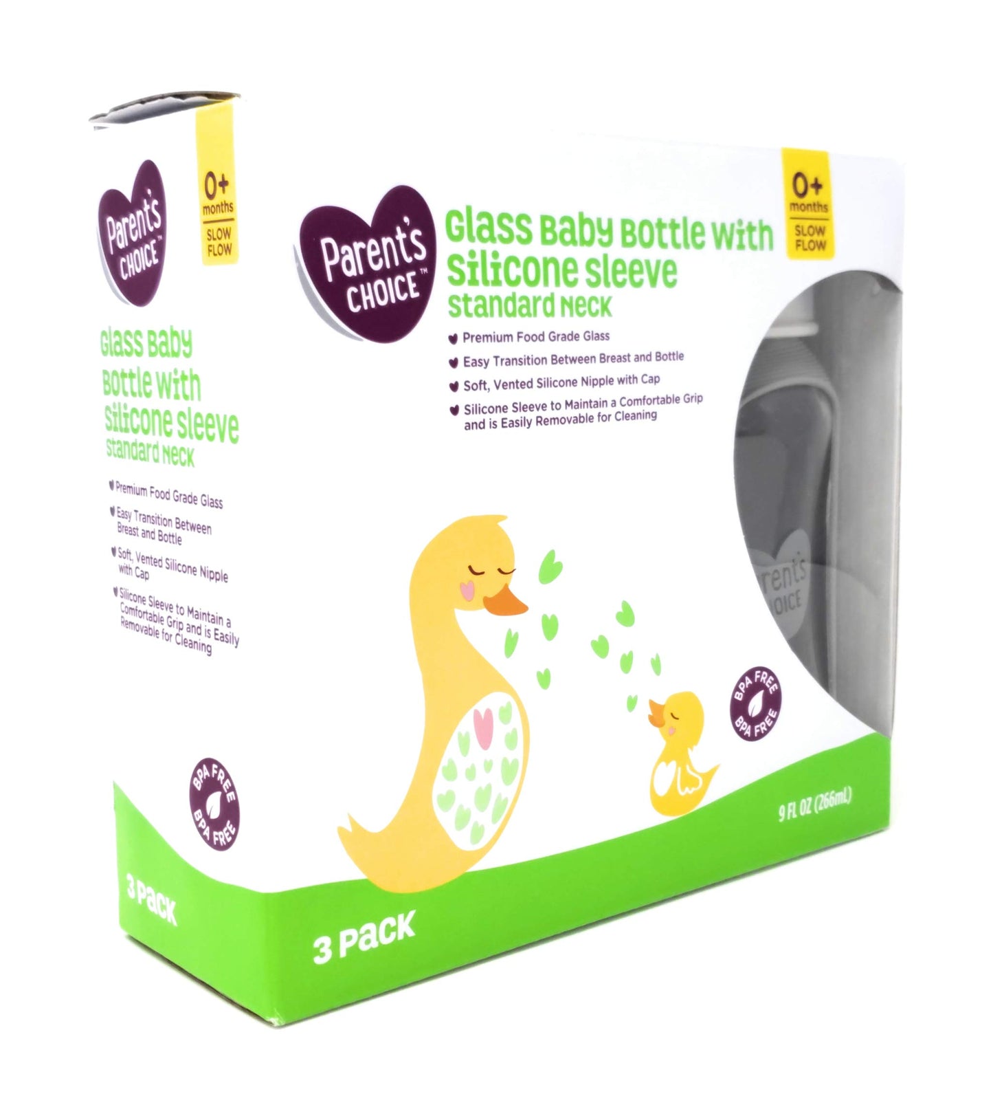 Parent's Choice Glass Baby Bottles 3 Pack Slow Flow 0+ Standard Neck 9 oz New