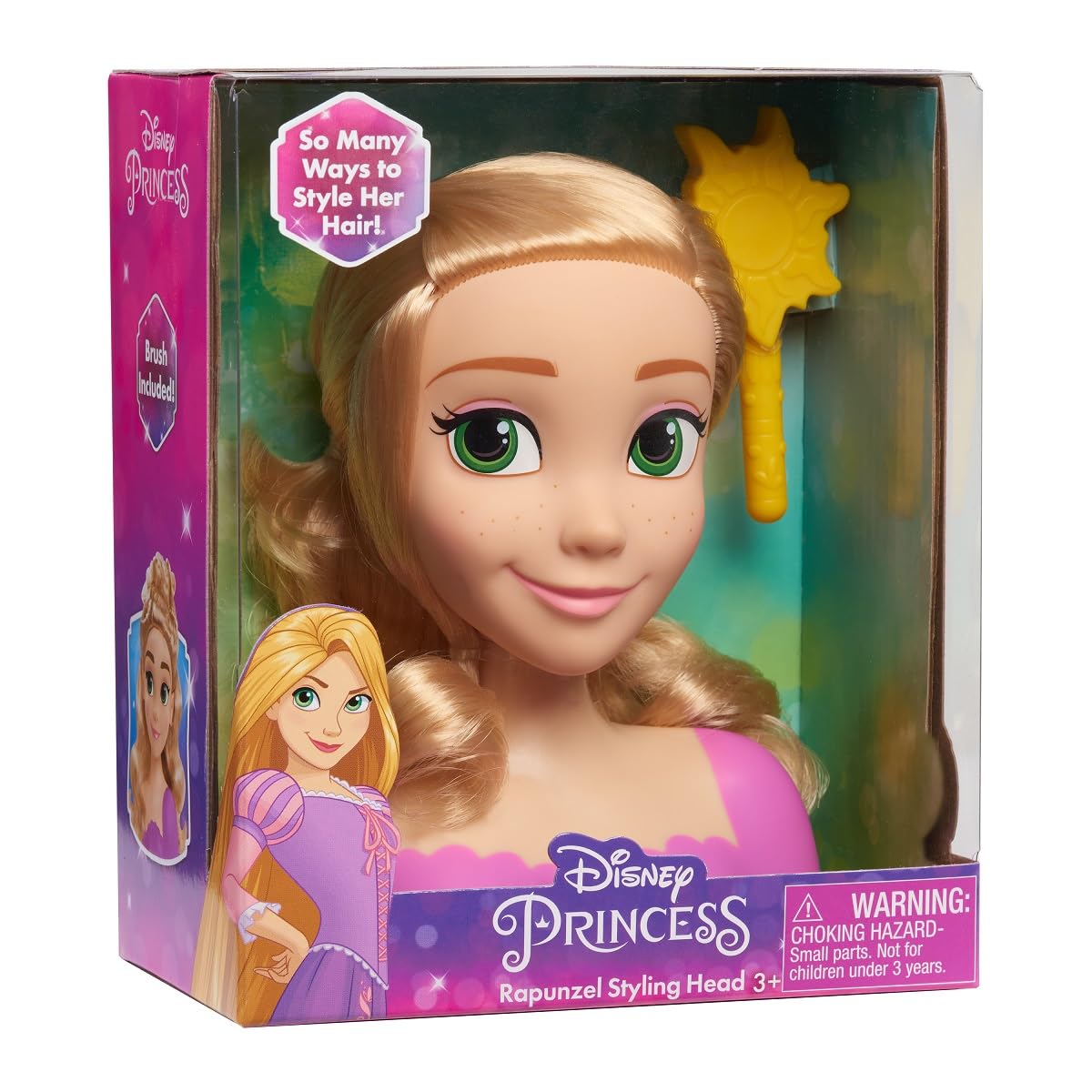Left-angled Rapunzel styling head box with a pink side panel and sun brush