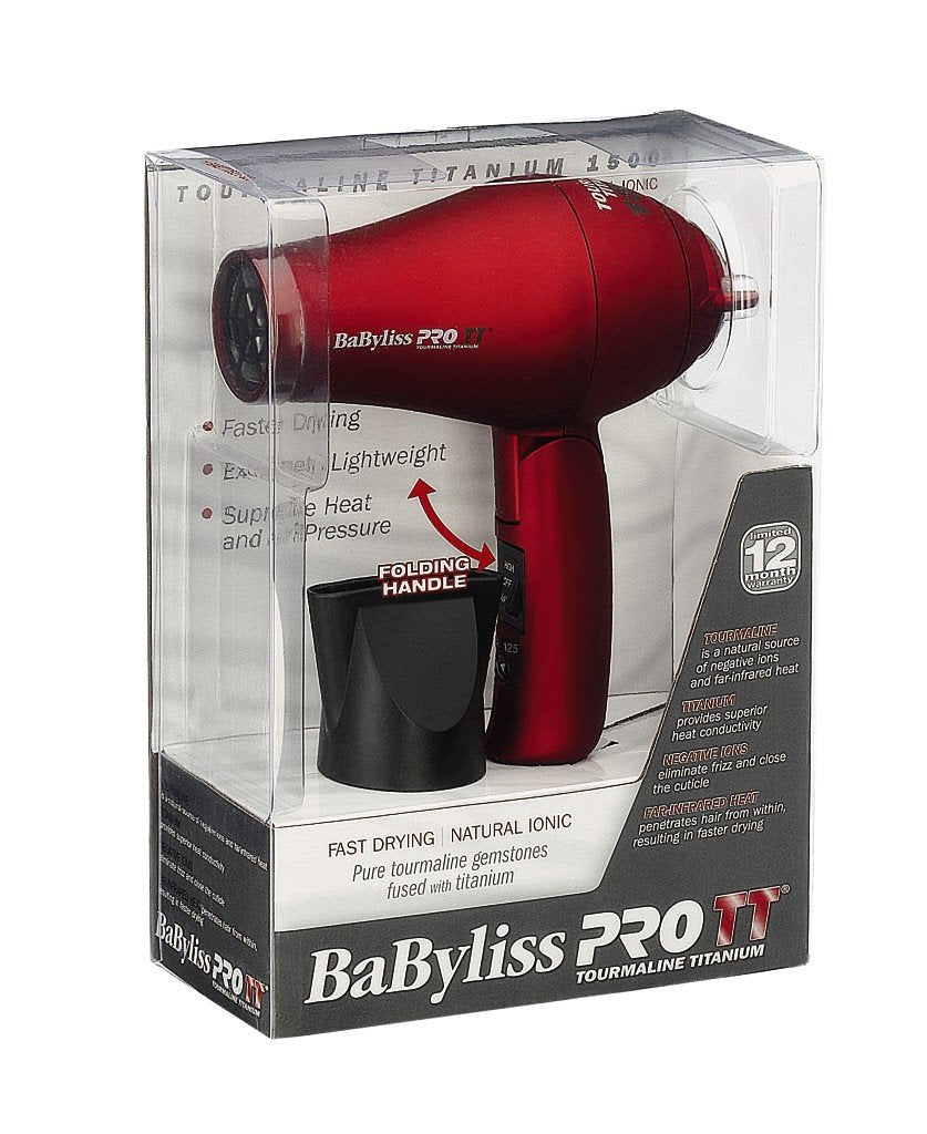 Angled view of the boxed red travel dryer with its black concentrator nozzle