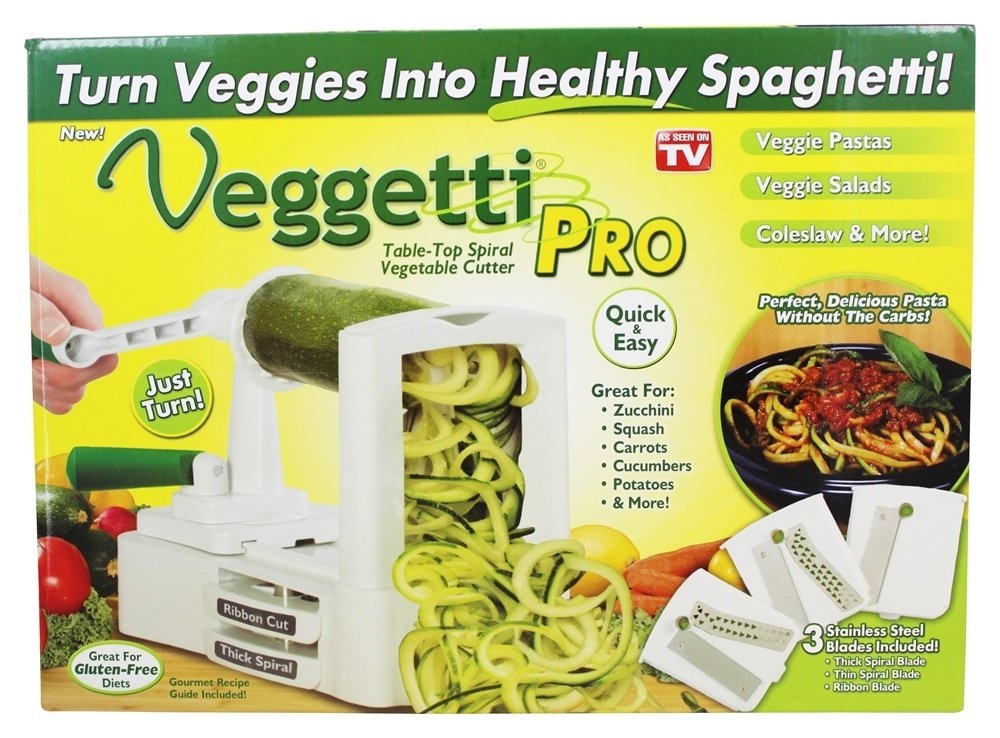 Box of a white table-top spiral vegetable cutter turning a zucchini into noodles