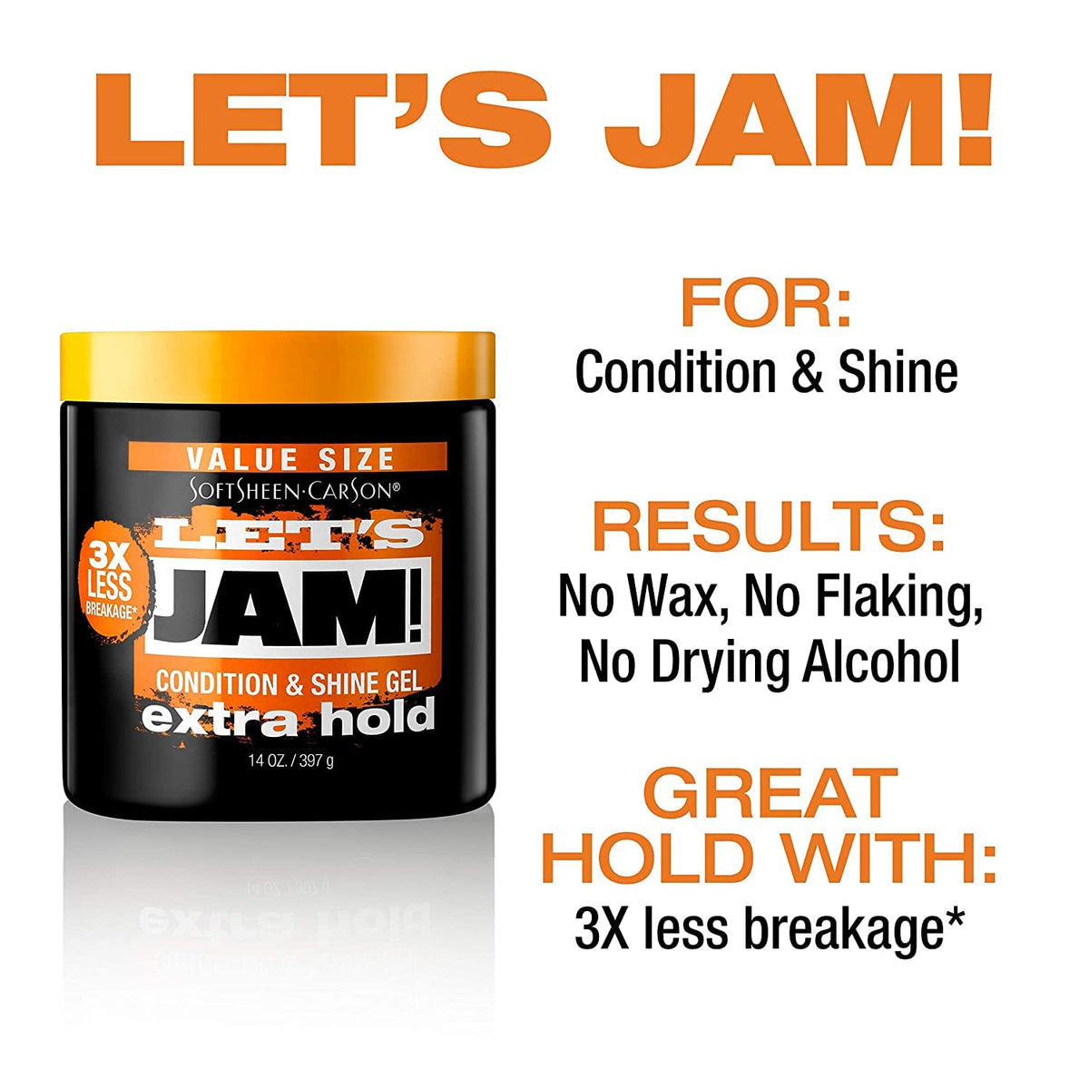 Gel jar beside text: condition and shine, no wax or flaking, 3X less breakage