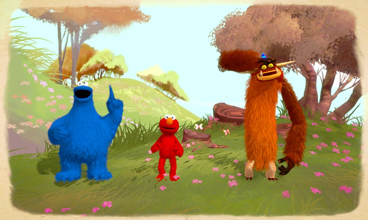Cookie Monster, Elmo and a tall orange monster dancing on a grassy hill