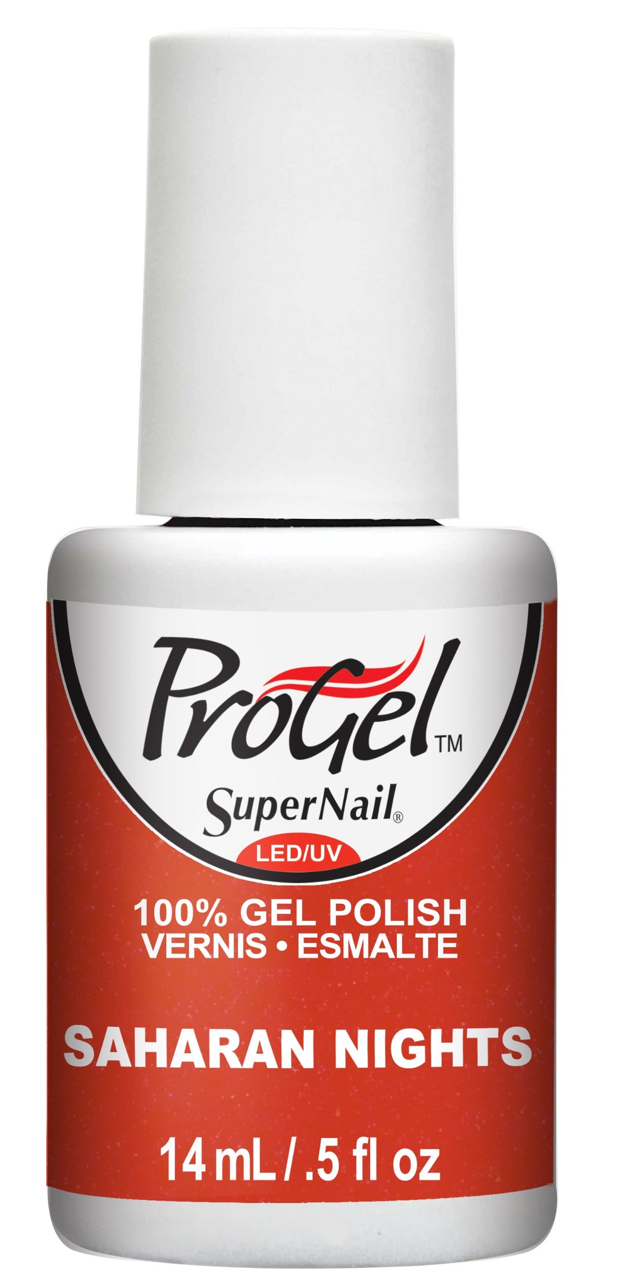 Gel polish bottle with a white cap and a burnt orange shimmer label