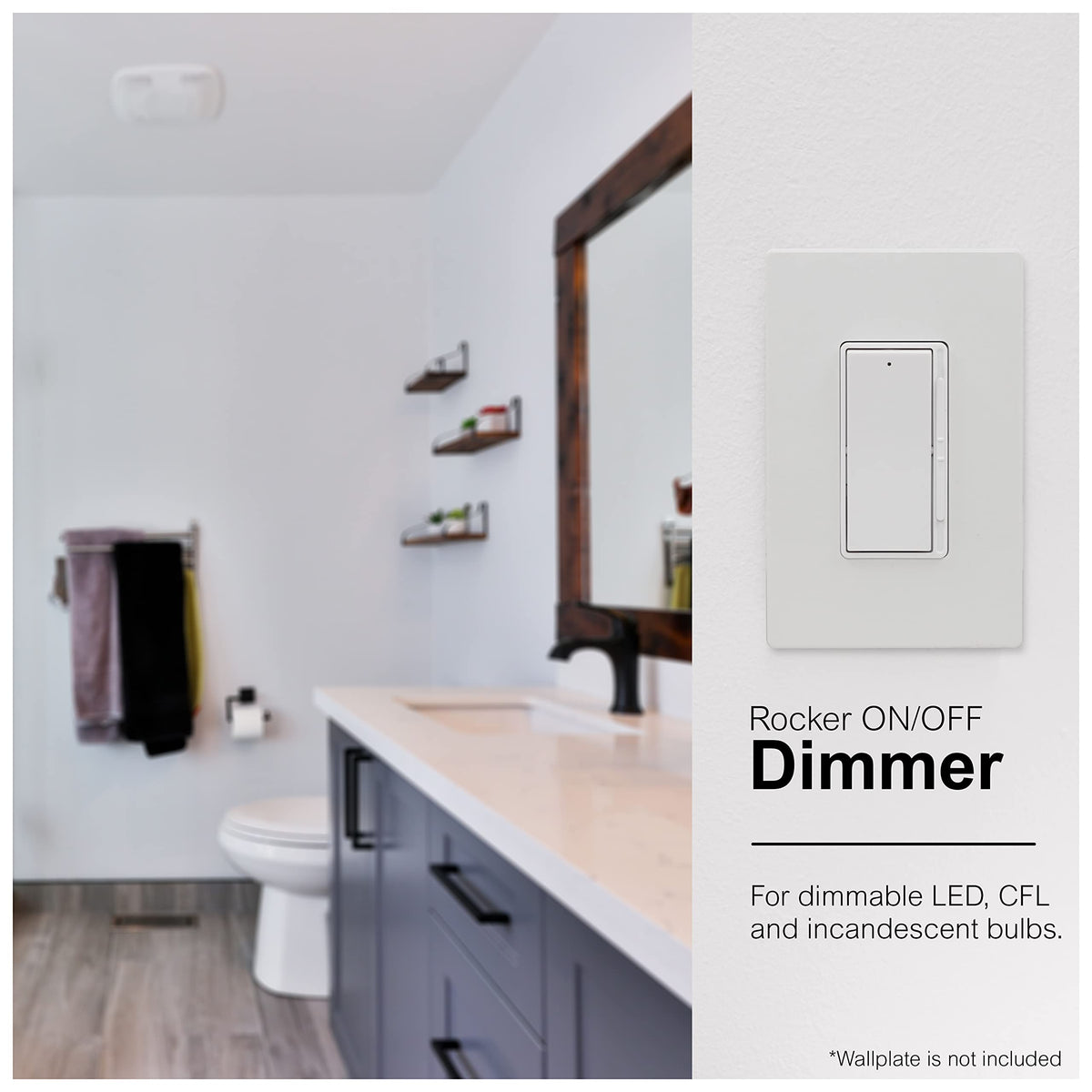 White rocker dimmer on a wall plate beside a bathroom with a wood-framed mirror