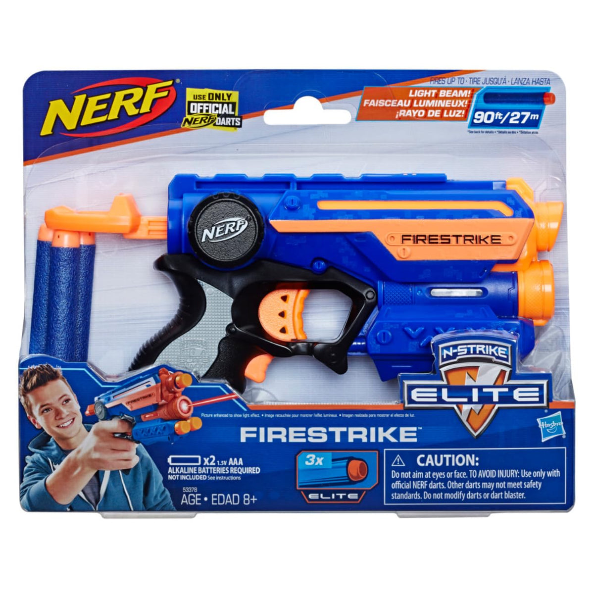 Blue and orange single-shot dart blaster with three blue foam darts in its blister pack