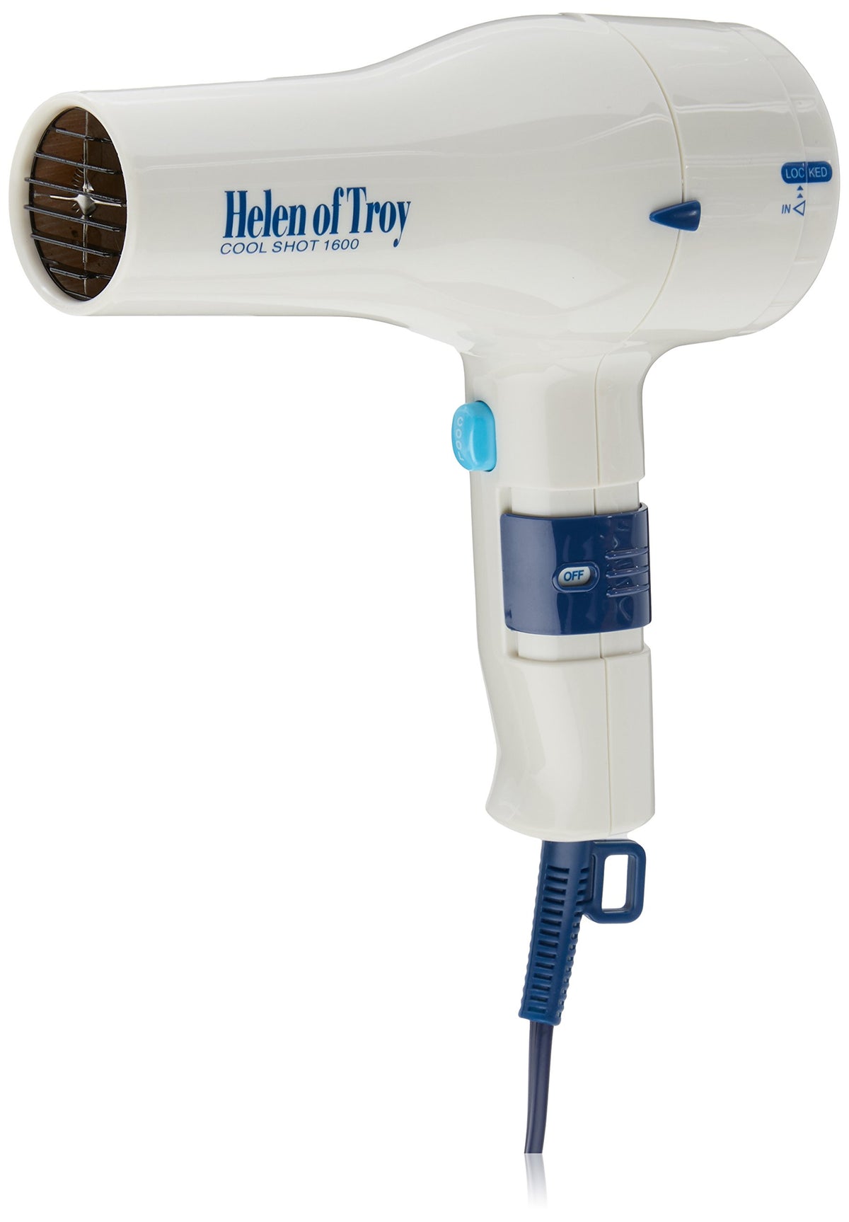 White 1600 watt hair dryer with blue switch, cool shot button and blue cord