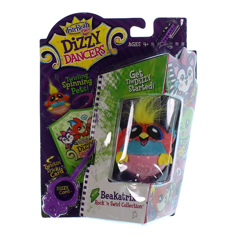 Red and blue fuzzy bird spinning pet with yellow hair in its carded package