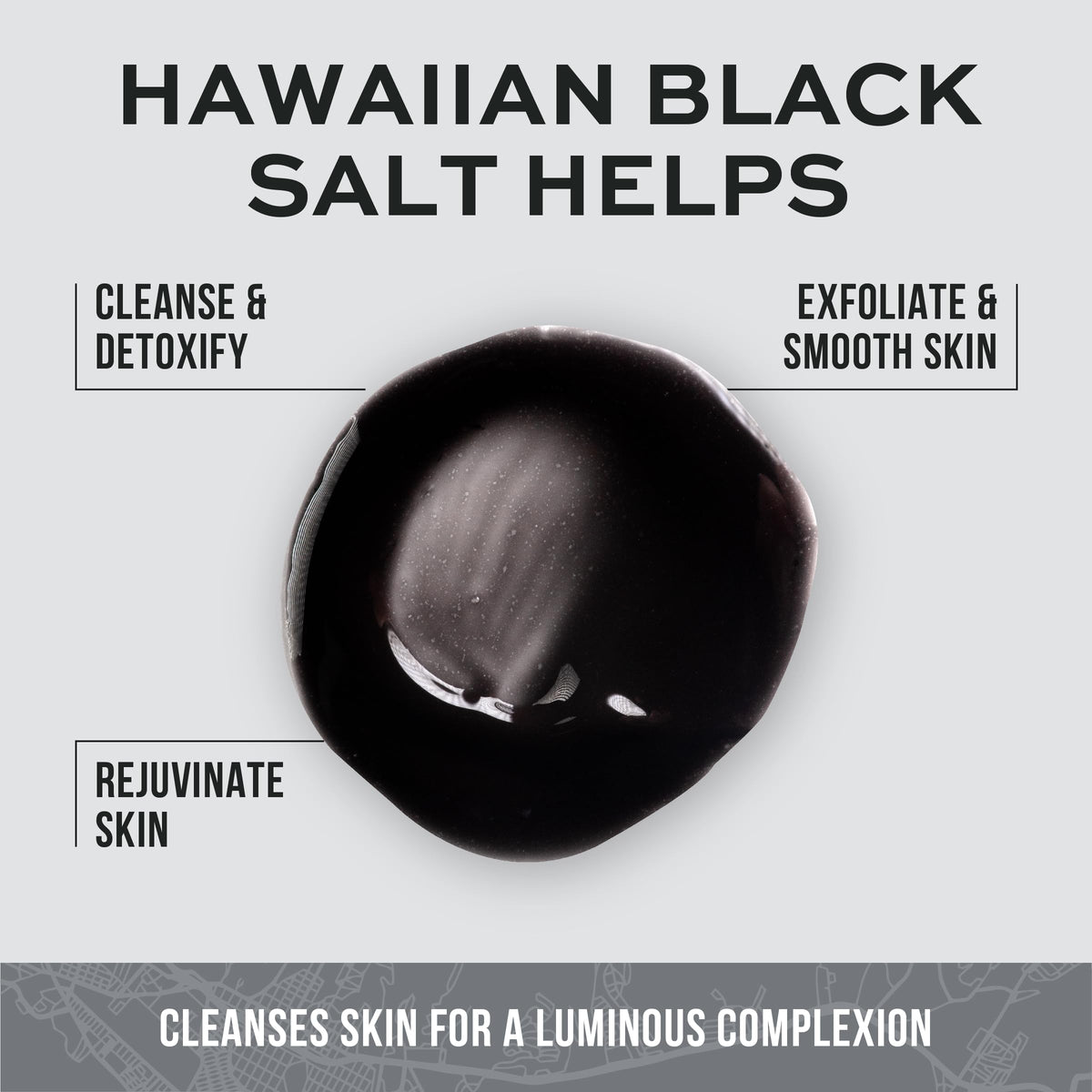 Glossy swirl of black mask gel with labels for cleanse, exfoliate and rejuvenate